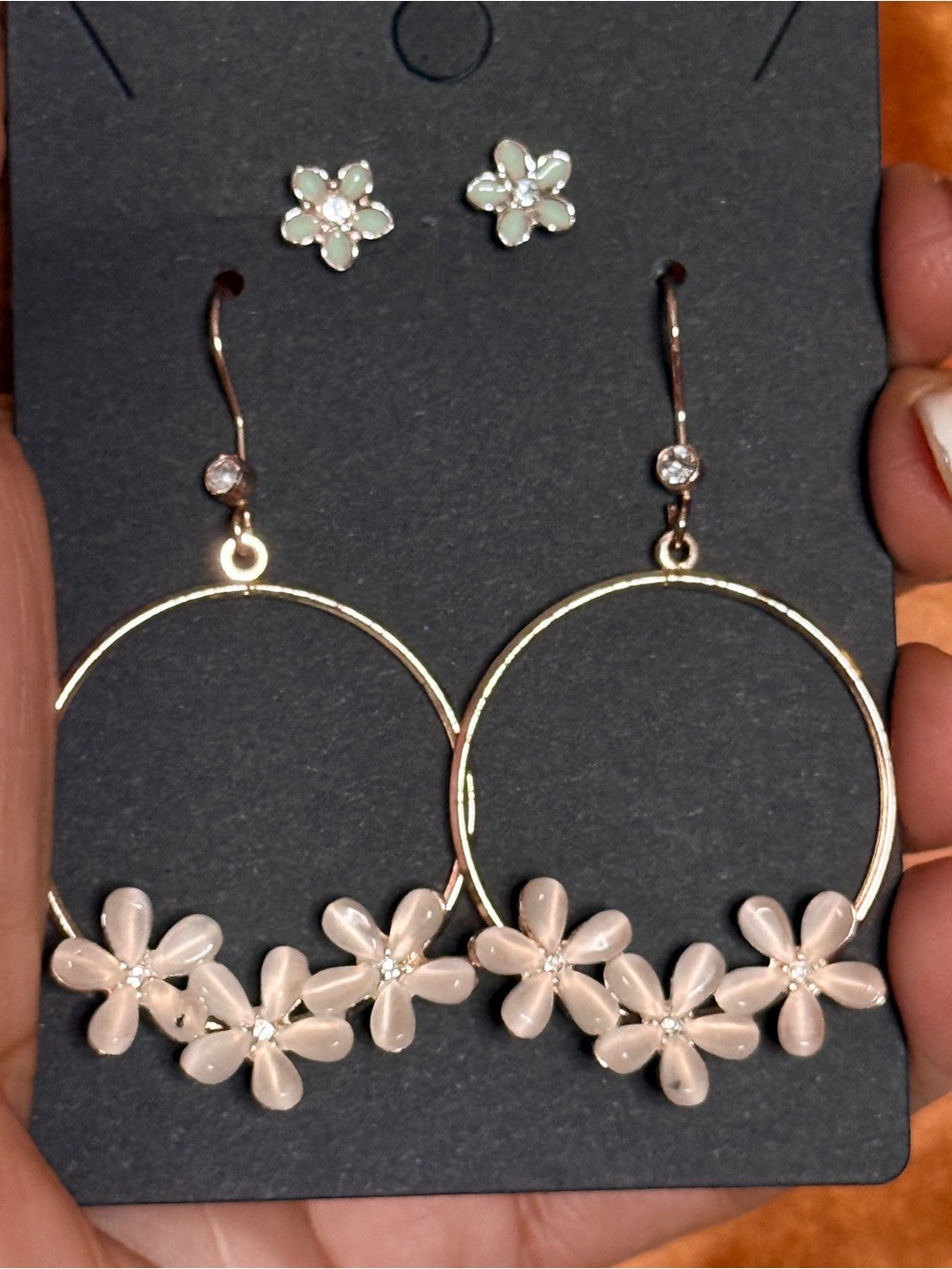 Floral Earring Set of 2 | Sea Green Studs & Flower Hoop Dangles